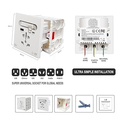 35W GaN Multi Plug Wall Outlet with Retractable Phone Charger for Bedside/Sofa, 4-in-1 Tamper-Resistant in-Wall Socket with Universal AC Port for New Renovations, UL Listed (Include 86-Type Box)