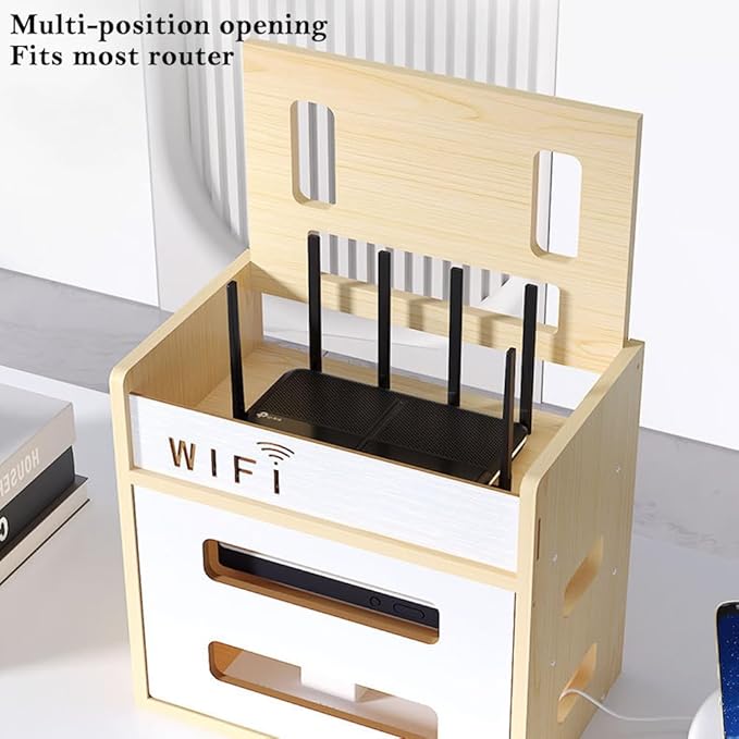 Wooden Router Shelf, Desktop WiFi Router Storage Box Modem Rack, Power Router Fences Standing Shelf Units, Cable Management Hider Box Organizer for Office and Home (White Maple)
