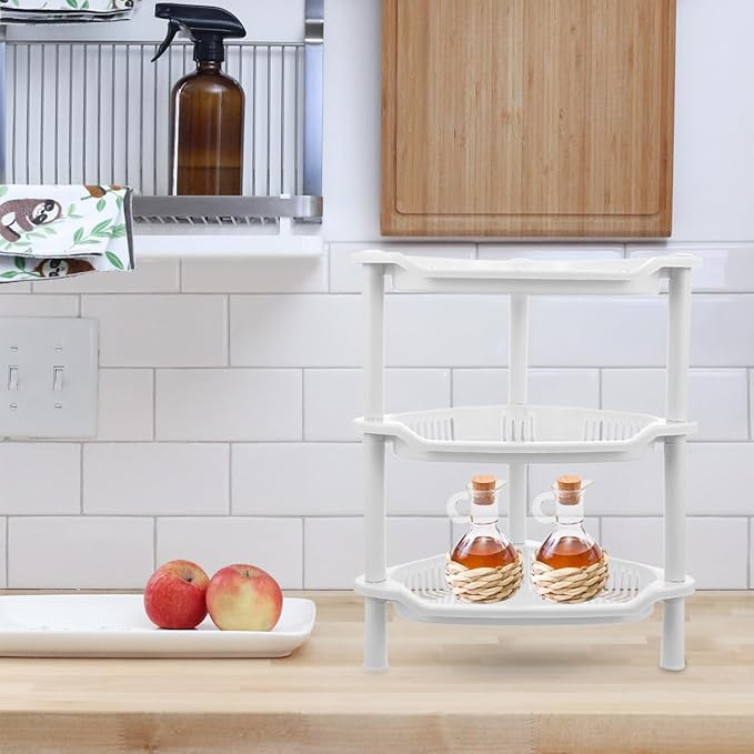 PRETYZOOM 3 Layer Plastic Shower Caddy, Space-Saving Organizer Rack for Toiletries, Kitchen Counter Corner Shelf for Condiment Bottles, No-Tool Assembly, 13.5 X11 X8.3 Inches