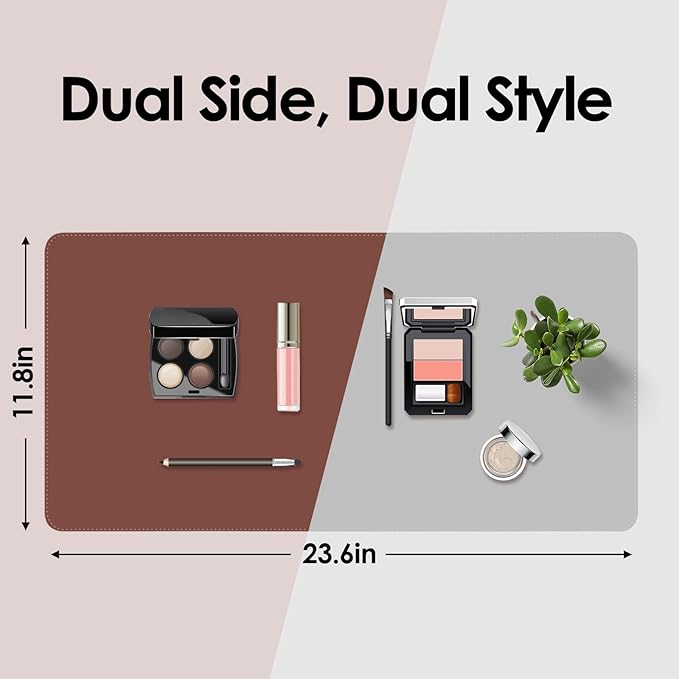 Makeup Mat for Vanity to Protect Desk Top 31.5 x 15.7 in, Dual-Sided Makeup Mat, Easy to Clean Desk Pad - Waterproof and Oilproof Vanity Accessories (Brown and Grey)