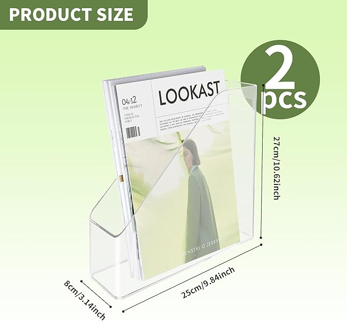 2 Pcs Acrylic Magazine File Holder Clear Plastic Magazine Holder with Handle, Slim Vertical Magazine Storage Organizer Binder Organizer for Desk