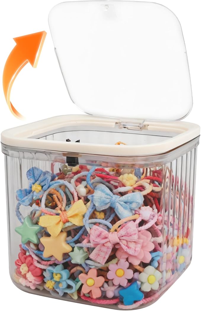 THMINS Hair Accessories Organizer for Girls,Plastic Storage Box with Lid for Kids Hair Clips,Ties,Bows&Jewelry,Stackable Dust-Proof Flip Top Container,Desktop Organizer(Grey)