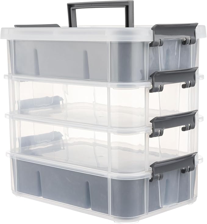 CraftGenes Grey&White Modern Plastic Storage Box - 4-Layer Durable Craft Storage Containers with 2 Removable Trays for Arts & Crafts Supplies, Sewing, Office, Seasonal Decor