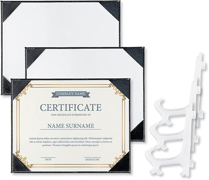 Fine Stationery Black Faux Leather Certificate Holders with Acrylic Easel Stand - 3-Pack, Holds 8.5x11'' Letter-Size Document Vertically or Horizontally, Professional Certificate Award Frame