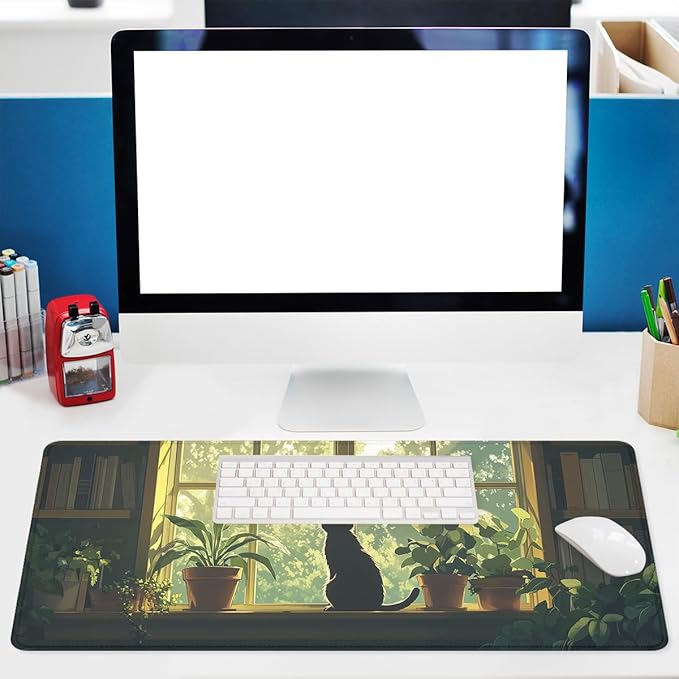 Black Cat Gaming Mouse Pad Cozy Plant XL Mouse Pad Large Mousepad Extended Laptop Keyboard Mat Gaming Desk Pad Mouse Mat Office Computer Keyboard Laptop 31.5"x11.8"