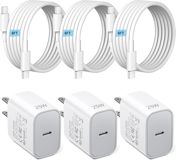 3pack Type C Charger 6FT Cable Fast Charging for iPhone 17/16/15,USB C Chargers Block 25W Super Fast for Samsung Galaxy S25/S24 S23 S22 S21/iPhone Air/17/17 Pro Max/iPhone 16/16 Pro Max/15 Pro Max