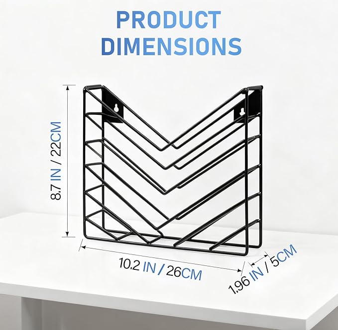 CROISSANT Black Wall Mounted File Organizer,Metal Magazine Basket, Concave Wall Mounted Magazine Rack, Suitable for Hanging File Folders for Office Living Room (Black, 2 Pack)