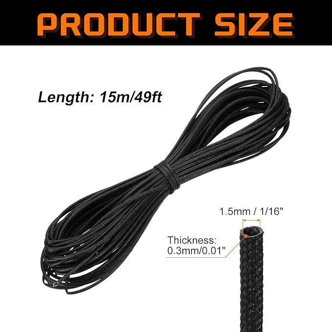 MECCANIXITY 49ft Braided Cable Sleeve, 1/16" ID 200C Heat Resistant 1500V Fiberglass Wire Insulation Cord Protector Organizer Wires Management for Motor Engine Fuel Line, Black