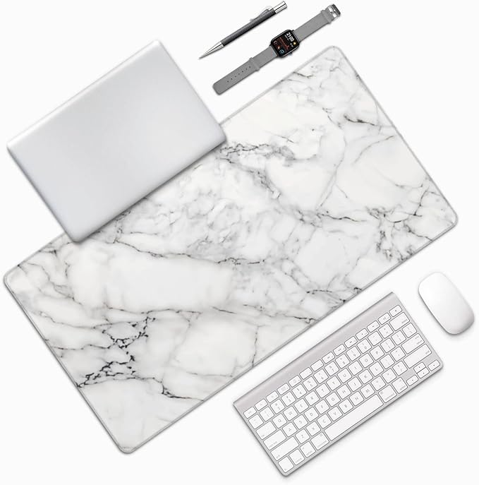 White Marble Large Mouse Pad & Desk Mat Extended Mousepad with Stitched Edges Non-Slip Rubber Base Laptop Computer Keyboard Pad for Gaming, Office & Home Decor, XXL - 29.5" X 15.8"