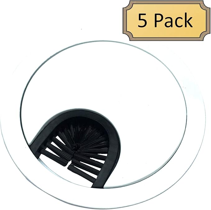 Gloss White Metal Cable Grommet | 2 Piece "Lock in" Feature with "Brush" Opening for Management of Office & Computer Desk Wires | 60mm (2 3/8") Hole Opening | 5 Pack
