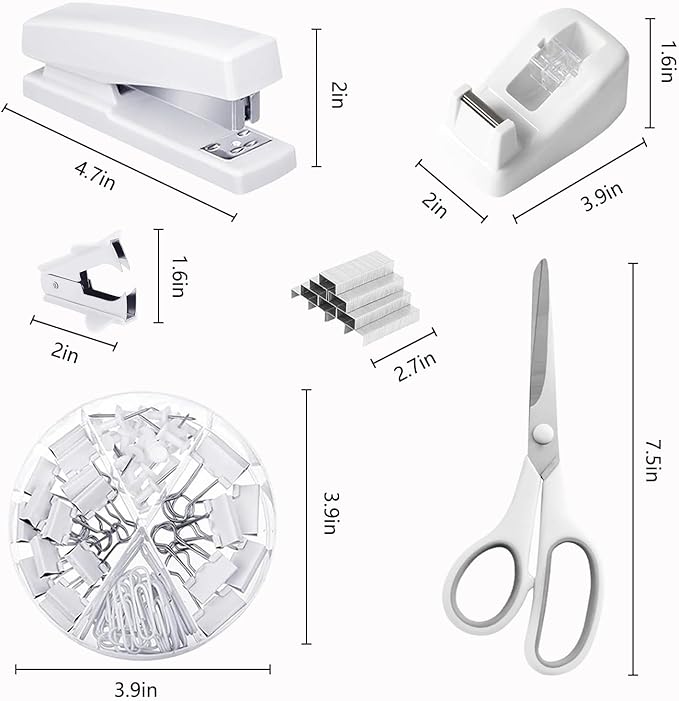 Office Supplies, White Desk Accessories,Desk Organizer,Phone Stand,Scissors,Stapler,Tape Dispenser,Binder clips,Staples,staple remover,Sticky Notes,Index Tabs,Clear Tape,Mini Box Cutter,Cool Pen.16pcs