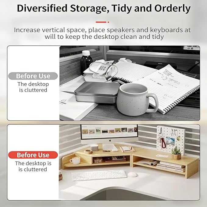 Corner Monitor Stand with Storage Space Triangle Riser Combo Desktop Corner Shelf with Cup Holder Pegboard Office Desk Accessories and Organizer for Office & Home,Natural,Single Layer