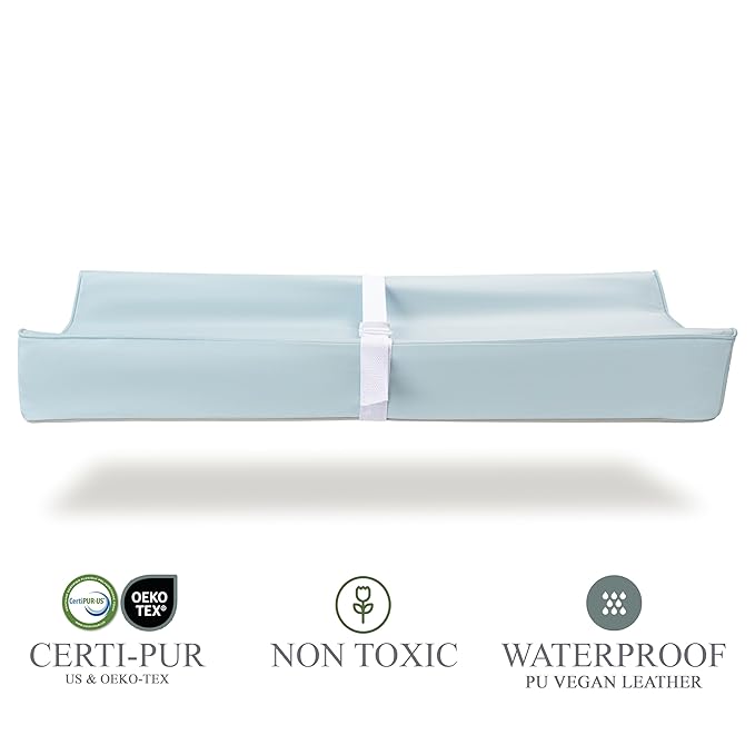 Vegan Leather Contoured Baby Changing Pad | Waterproof & Wipe-Clean PU Leather Diaper Change Mat, Soft, Wipeable Cover, Safety Strap, Non-Slip Bottom, Topper for Standard Infant Diaper Table & Dresser