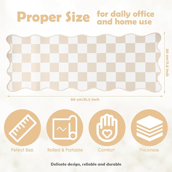 Copkim 1 Pcs Beige Scalloped Checkered Desk Mat 31.5 x 11.8 Inch Large Cute Mouse Pad Computer Mat Non Slip Waterproof Rubber Base with Border Stitching Soft Keyboard Pad for Home Office Gaming Makeup
