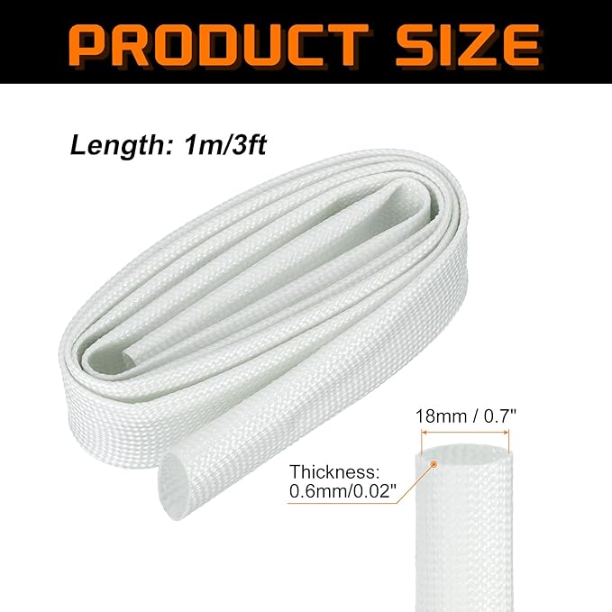 MECCANIXITY 3ft Braided Cable Sleeve, 0.7" ID 200C Heat Resistant 1500V Fiberglass Wire Insulation Cord Protector Organizer Wires Management for Motor Engine Fuel Line, White