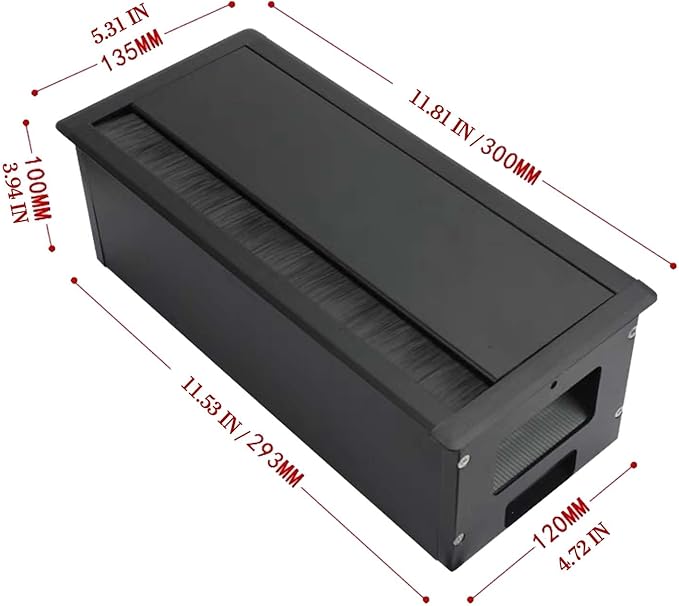 Aluminum Cable Management Box Under Desk No-Drill - Flip-Top Cable Organizer with Dustproof Brush, Clamp-On Small Cable/Cord Management Tray Black for Home Office Standing Desk