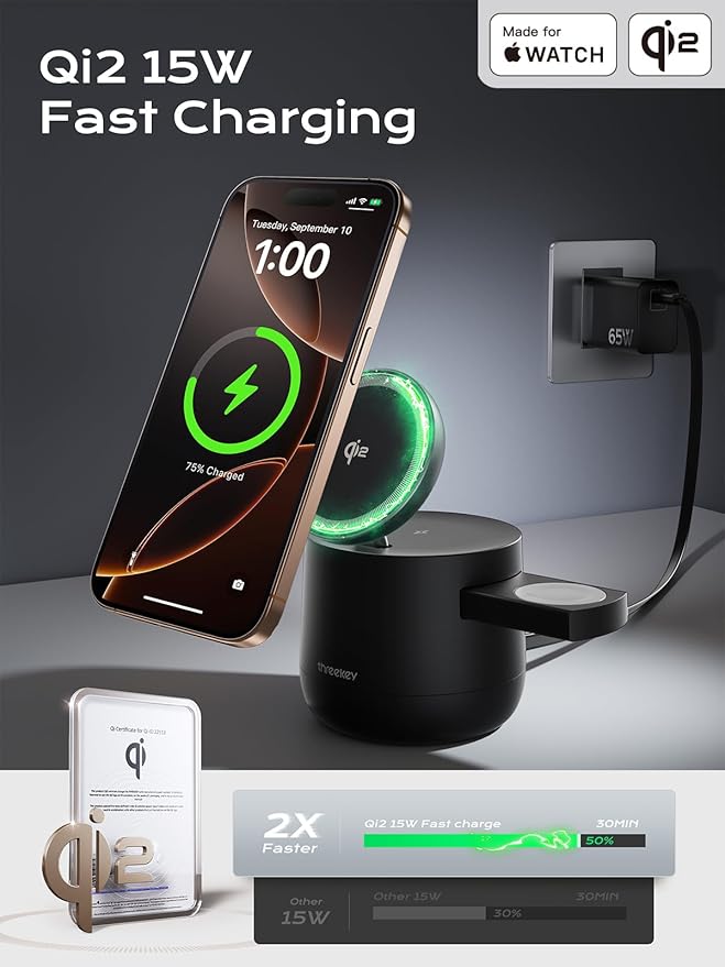 THREEKEY 4 in 1 Qi2 Magnetic Wireless Charging Station for MagSafe, 15W Fast Charger with Made for Apple Watch Charging Module, for iPhone 17–12 Series & AirPods, 65W Adapter Included