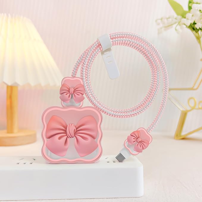 CameCosy DIY Phone Charger Storage Case Cover Sets for iPhone with Cable Protector Earphone Wire Saver, Lovely Travel Storage Bag, Cute Cable Charger Protector Cord Organizer (Pink Bow Tie)