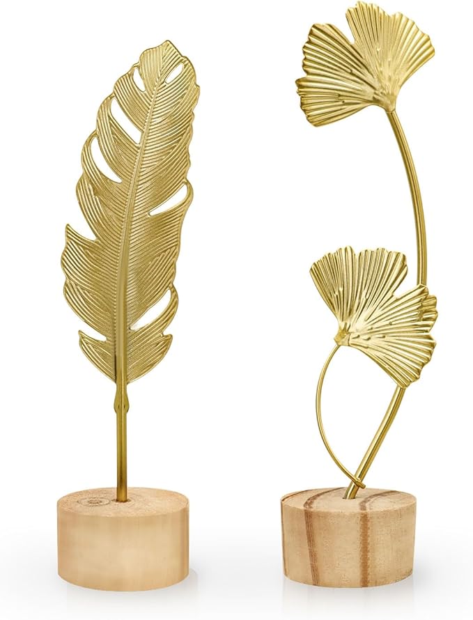 2PCS Mini Gold Leaf Sculpture Ornament, 7.5 IN Metal Gold Palm Leaves Decor for Desk, Sideboards, Display Cabinet Filler, Iron Craft Ginkgo Leaf Decor with Wooden Base (Feather+Ginkgo Biloba)