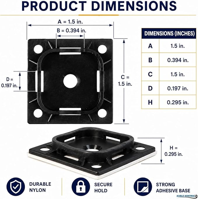 Kable Kontrol Zip Tie Mounts, 1-1/2” Sq, Black, 100 Pcs, Adhesive Backed Multi-Purpose UV-Resistant Mounting Squares Nylon Cable Tie Wrap Anchor Pads for Cable Management
