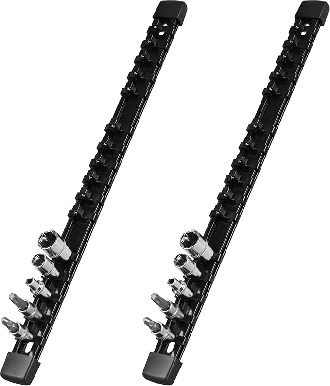 Socket Organizer, 1/4-Inch Drive Heavy Duty Holder Kit ABS, Rail With 16 Clips Black, 2 Pieces