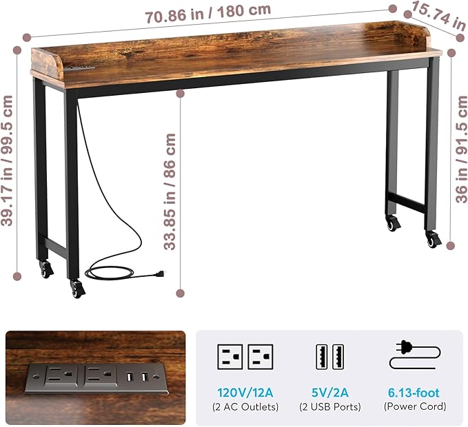Ytaoka 70.8" Standing Desk with Charging Station, Extra Long Desk on Wheels for Standing and Sitting, Sofa Table Behind Couch with Power Outlets and USB Ports, Easy Assembly, Walnut