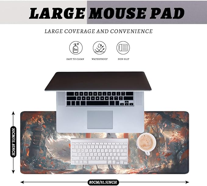 White Fox Gaming Mouse Pad Japan Shrine Cherry Blossoms Sunlight Extended Keyboard Mouse Mat for Computer Office, Big Laptop Mouse pad, Gaming Pc 31.5x11.8 in