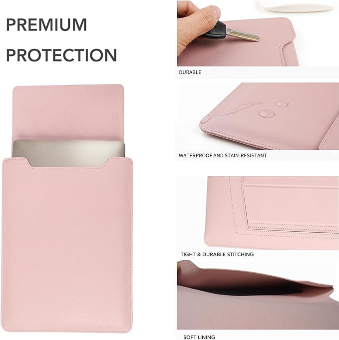 13 Inch Laptop Sleeve for Mac NEO, Leather Laptop Case with Stand and Mouse Pad, Slim Protective Computer Sleeve with Accessory Pouch, Soft Lining, Pink