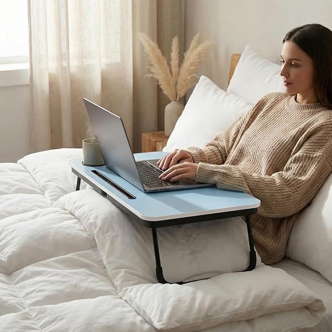 BUYIFY Foldable Laptop Bed Desk for Couch, Sofa - Large Lap Desk Tray Table with Cup Holder and Tablet Slot - Portable Notebook Stand for Eating, Writing, Studying and WFH-Light Blue-DZZ004