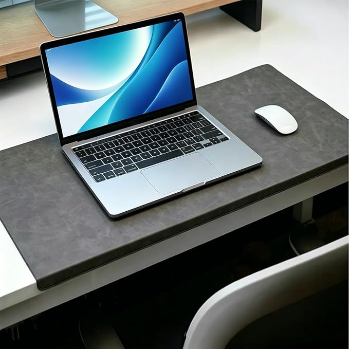 Leather Edge-Locked Desk Pad with Edge Protector, Non-Slip Large Office Computer Mouse Mat, Waterproof Desk Blotter Table Protective Pad for Writing Work (Dark Grey,27.6"x12.6")