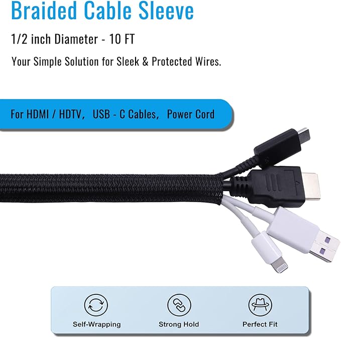 1/2" Braided Cable Sleeve - 10Ft Cat Cord Protector Split Wire Loom Tubing Flexible Self Wrapping for USB, Audio, Automotive Cord, Dog Chew Proof Cable Protector - Black