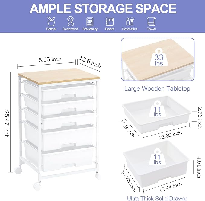 SYKIARIOL Utility Cart with 5 Drawers,Storage Drawer Cart with Wooden Tabletop and Lockable Wheels,Craft Storage Trolley Cart,5-Tier Rolling Utility Cart on Wheels,Bright White