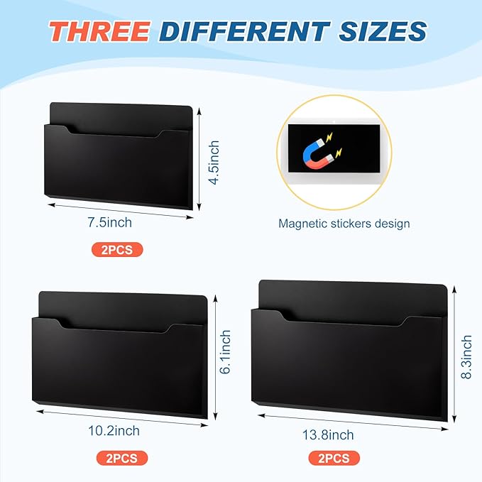 Fuutreo 6 Pcs Magnetic Wall File Organizer Magnetic Wall File Holder Refrigerator Magazine Holder for Mail Letters Paper(Black,Horizontal-3 Mixed Size)