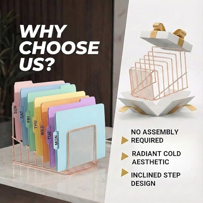 2 Pcs Incline File Sorter, 7 Slot Magazine Holder for Letter, Document, Folder and Book, Metal Desktop Organizer Rack for Home, School and Office (2-rose gold)