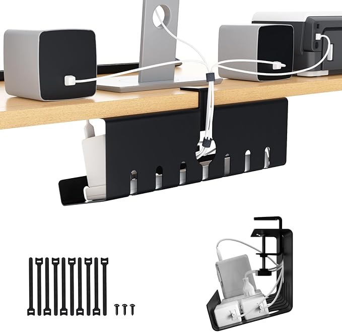 Syeeiex Cable Management with No-Drill C-Clamp & Screw Mount, 17'' Metal Under Desk Cord Organizer, Under Desk Cable Management Tray for Office/Home workspace (Black)