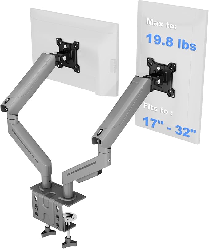 THEARK Dual Monitor Stand for Desk - Dual Monitor Mount for 17-32 Inch Screens,Height Adjustable Dual Monitor Arm Desk Mount with Clamp and Grommet Base,75x75/100x100mm VESA Mount,Max 19.8 lbs,Silver