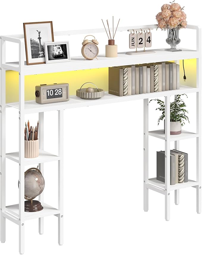 MAHANCRIS Desk Shelf, 43.3" Desk Hutch with Light Strip, Office Desktop Organizer, 5 Tier Desktop Bookshelf for Computer Monitor, Storage Rack for Study, Home Office, White DSWT9801