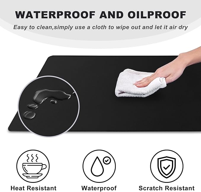 31.5" x 15.7" Waterproof Fabric Desk Pad, Rubber Anti-Slip Base, Stitched Edges No Curling, Fits Laptop Keyboard and Mouse, Smooth Office Mat Mouse Pad for Work, Black