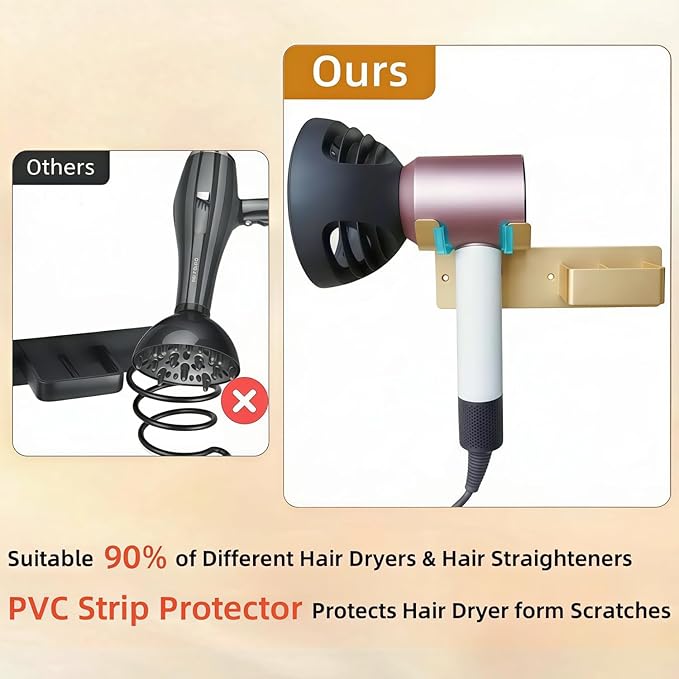 Hair Dryer and Straightener Holder, Upgraded Hair Straightener Holder with Cable Hook, Stainless Steel Universal Hairdryer Holder Wall Mounted Waterproof for Bathroom Space-Saving Gold PTALSEAW