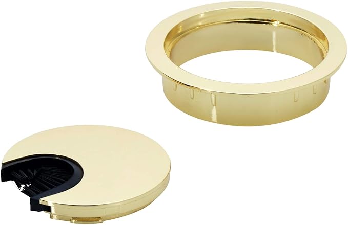 Polished Brass Metal Cable Grommet | 2 Piece "Lock in" Feature with "Brush" Opening for Management of Office & Computer Desk Wires | 60mm (2 3/8") Hole Opening | 1 Pack