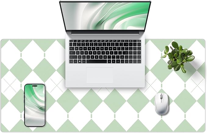 Checkered Desk Mat with PU Leather, 35.4" x 15.7" Non-Slip Large Mouse Pad for Desk, Easy Clean Desk Mat for Keyboard and Mouse, Leather Desk Pad for Office/Home/Decor (Light Green)