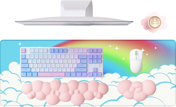 ATTACK SHARK 4 in1 Cloud Mouse Pad,Keyboard Wrist Rest,Mouse Wrist Rest Support,and Leather Coaster Set with Office Desk Mat,Non-Slip PU Desk Pad Memory Foam Ergonomic Pain Relief for Office and Home