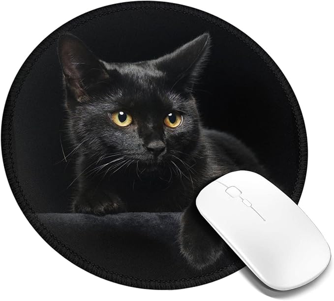 Black Cat Round Mouse Pad Premium Textured Mouse Mat Washable Mousepads with Extended Stitched Edges Non Slip Rubber Base Small Mousepad 7.9 * 7.9 * 0.12 Inches