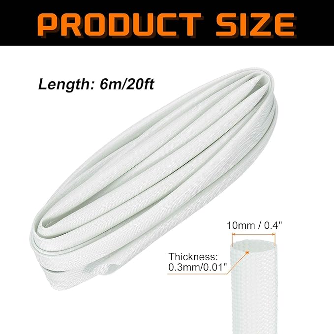 MECCANIXITY 20ft Braided Cable Sleeve, 0.4" ID 200C Heat Resistant 1500V Fiberglass Wire Insulation Cord Protector Organizer Wires Management for Motor Engine Fuel Line, White