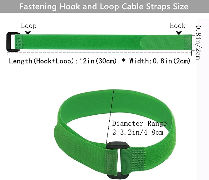 10 Pack (12 x 0.8 Inch) Reusable Fastening Cable Straps Green Color,Adjustable Multi-Purpose Hook and Loop Straps Nylon Cable Ties for Wire Cable Management Home Office Garage Organization