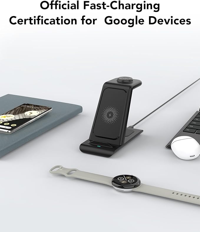 Upgraded 3 in 1 Wireless Charger for Google Pixel Watch 3/2, for Pixel 10 9/Pro/Pro XL/Fold,Buds Pro 2/Pro,Fitbit Versa 4/3,Wireless Charging Station for Multiple Devices (Not for Google Watch 4/1)
