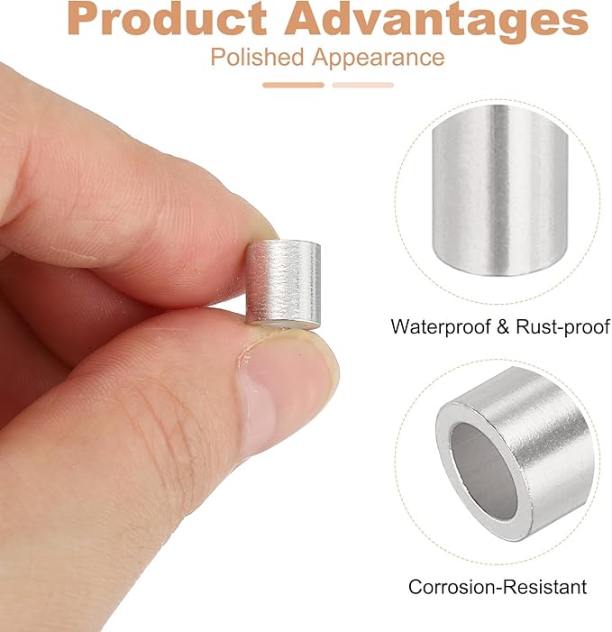 uxcell 3/16"(4mm) Aluminum Crimping Loop Sleeve, Wire Rope Stop Sleeve Round Crimp Ferrules for Wire Rope and Cable Ferrule, Silver 50Pcs