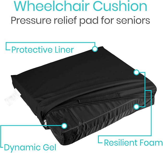Vive Waterproof Wheelchair Cushion for Pressure Relief (18x16x3) - Washable Cover Incontinence Protection for Elderly Adults & Seniors - Memory Foam Gel Pad for Recliners, Office Chairs, Car