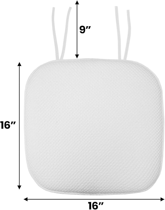 Sweet Home Collection Chair Cushion Memory Foam Pads with Ties Honeycomb Pattern Slip Non Skid Rubber Back Rounded Square 16" x 16" Seat Cover, 12 Pack, White 12 Pack