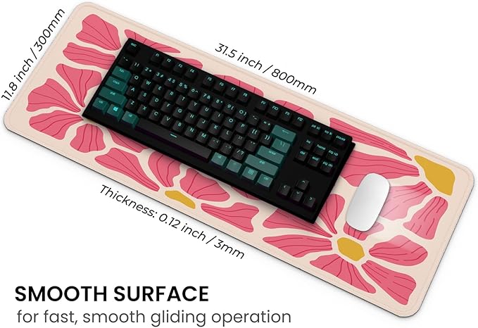 MAY FLOWER Gaming Mouse pad, Large Laptop Mousepad, Full Keyboard Mat, Long Computer Mouse Mat for Home and Office, Anti-Slip Rubber Base, 31.5 x 11.8 Inches (Pink Flower)